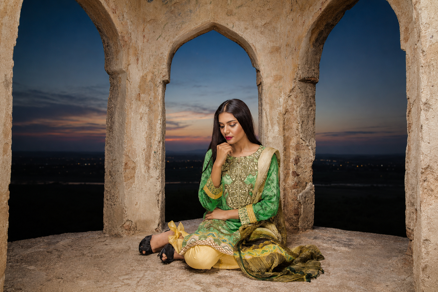 Formal portrait at sunset among stone archways