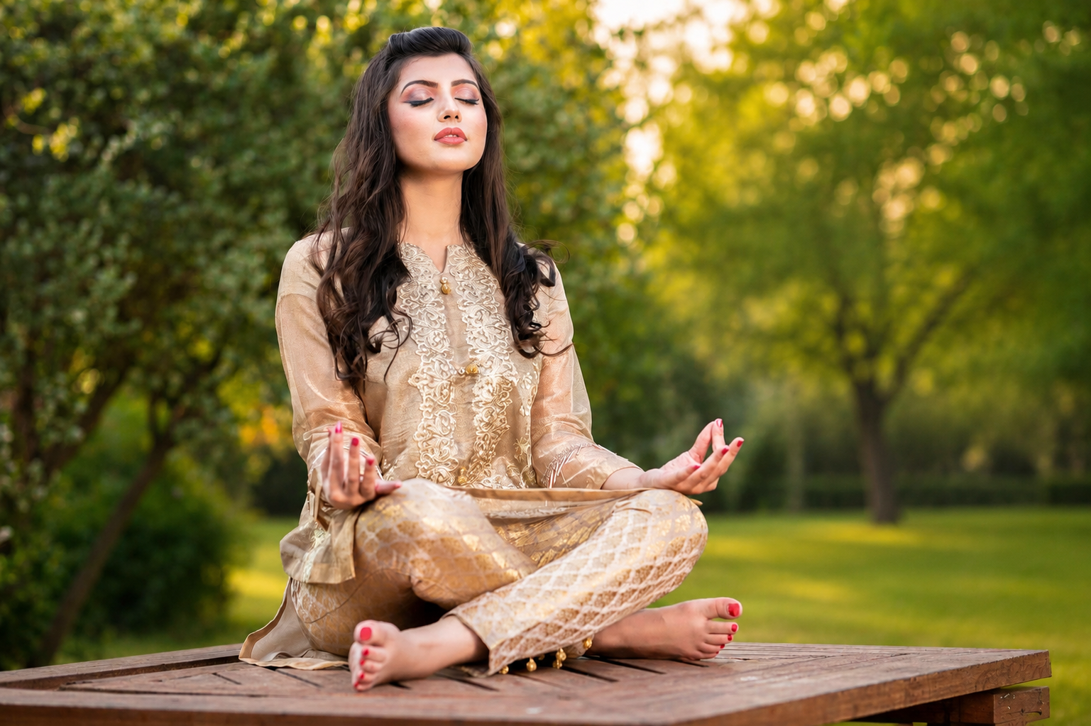 Portrait in meditation pose in a sunlit garden